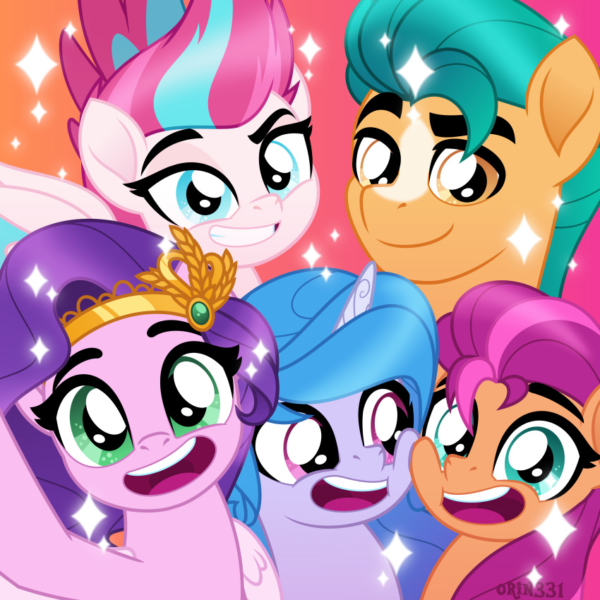 absurd_res amber_eyes blue_eyes cheek_to_cheek circlet earth_pony equid equine eyebrows female green_eyes group hasbro headpiece hi_res hitch_trailblazer_(mlp) horn horse izzy_moonbow_(mlp) male mammal mlp_g5 my_little_pony orin331 pegasus pipp_petals_(mlp) pony raised_eyebrow selfie sparkles sunny_starscout_(mlp) unicorn wings zipp_storm_(mlp)