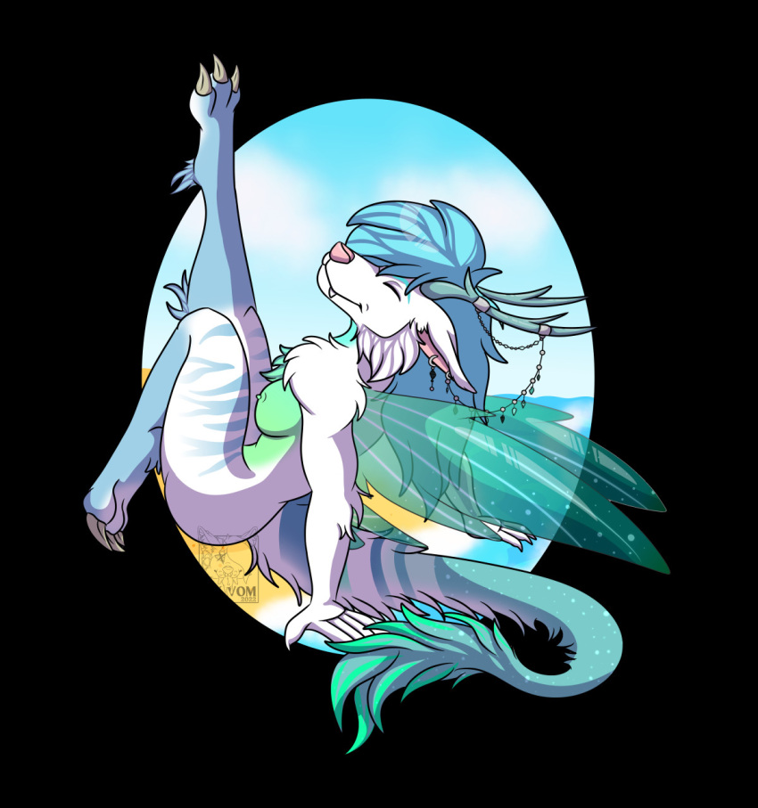 anthro blue_hair breasts canid canine canis dragon eyes_closed female hair hi_res horn hybrid inkvom insect_wings jewelry juno_(viktorlyovkin) mammal nipples raised_leg relaxing simple_background smile solo viktorlyovkin white_body wings wolf