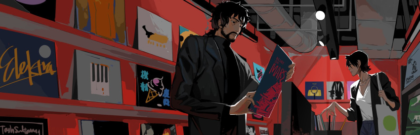 1boy 1girl bag beard black_hair cowboy_bebop electra_ovilo english_text facial_hair food highres holding ice_cream interior looking_at_object nyan_2020 record scenery searching shop short_hair vincent_volaju