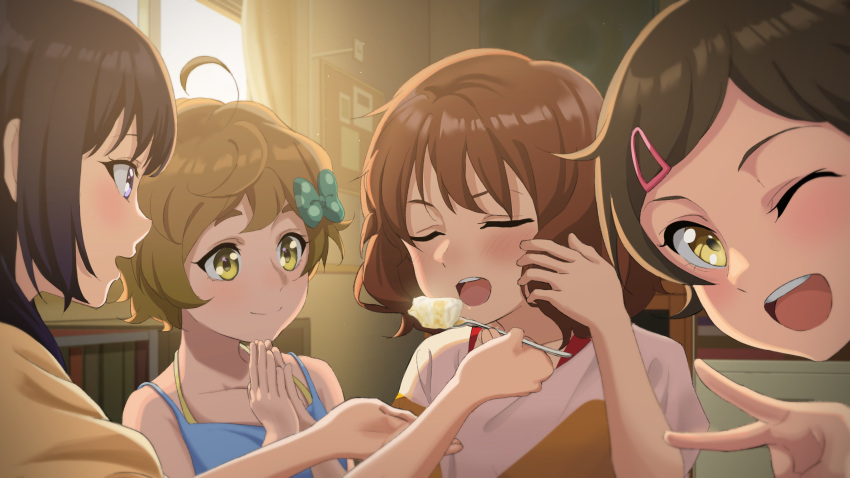 4girls bangs black_hair blonde_hair blush bookshelf brown_eyes brown_hair cake camisole closed_eyes closed_mouth feeding food fork green_eyes hair_ornament hair_ribbon hairclip hand_up hibike!_euphonium highres holding holding_fork indoors katou_hazuki kawashima_sapphire kousaka_reina long_hair looking_at_viewer multiple_girls one_eye_closed open_mouth oumae_kumiko parted_lips pink_shirt purple_eyes raku_rakugaki ribbon shirt short_hair short_sleeves smile spaghetti_strap t-shirt teeth upper_teeth v window