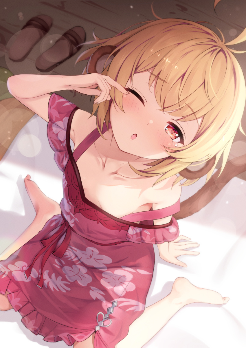 2021 andira_(granblue_fantasy) animal_humanoid barefoot blonde_hair breasts clothed clothing dress feet female granblue_fantasy hair hi_res humanoid kimblee_(artist) mammal mammal_humanoid monkey_humanoid off_shoulder one_eye_closed primate primate_humanoid sitting small_breasts solo tired wariza