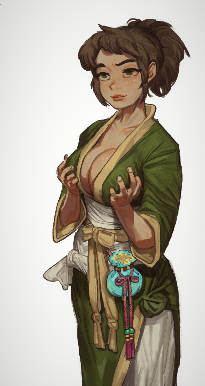 1girl absurdres avatar:_the_last_airbender avatar_(series) body_freckles breast_lift breasts brown_eyes brown_hair cleavage freckles green_robe highres jin_(avatar) large_breasts mossacannibalis no_bra parted_lips ponytail pouch red_ribbon ribbon robe sash simple_background smile solo standing tassel white_background yellow_sash