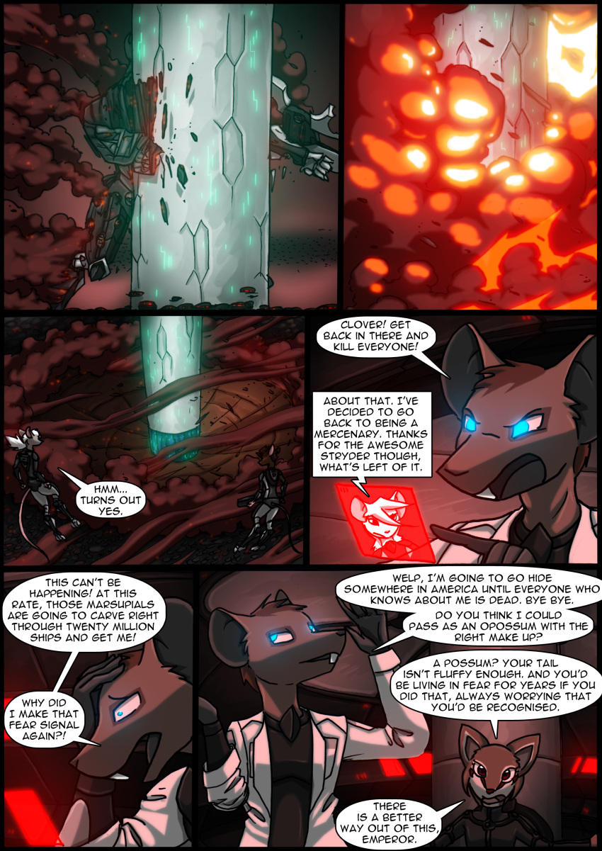 2018 absurd_res anthro battle blue_eyes brianna_(kitfox-crimson) brown_body brown_fur clothed clothing clover_(kitfox-crimson) coat colored comic dasyuromorph dialogue dialogue_box explosion female fur glowing glowing_eyes hi_res in_our_shadow kitfox-crimson lab_coat male mammal marsupial murid murine numbat rat rodent schorl_(kitfox-crimson) screen speech_bubble topwear