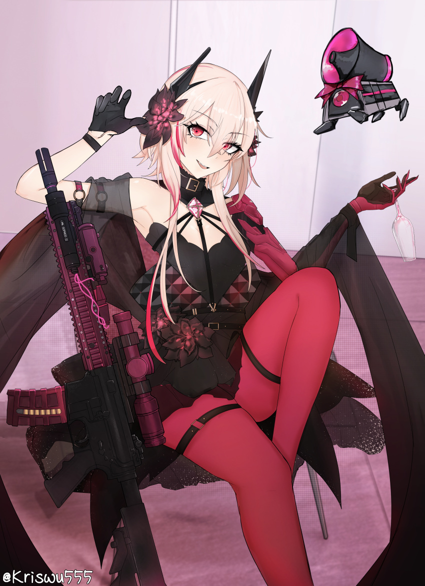 1girl absurdres assault_rifle black_dress black_gloves blonde_hair breasts cup dress drinking_glass girls'_frontline gloves gun headgear highres holding holding_cup m4_sopmod_ii m4_sopmod_ii_(devourer_of_the_feast)_(girls'_frontline) m4_sopmod_ii_(girls'_frontline) mechanical_arms mechanical_hands multicolored_hair red_eyes red_hair rifle single_glove single_mechanical_arm single_mechanical_hand sitting small_breasts streaked_hair swimsuit thigh_strap weapon wine_glass wuwuwu_(kriswu555)