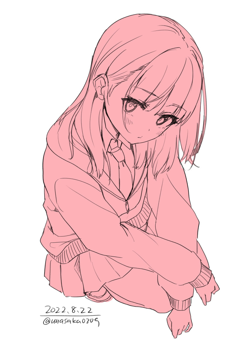 1girl artist_name bangs blush cardigan closed_mouth collared_shirt dated from_above highres long_sleeves looking_at_viewer looking_up medium_hair monochrome necktie original pleated_skirt school_uniform shirt simple_background sketch skirt solo squatting unasaka_ryou white_background