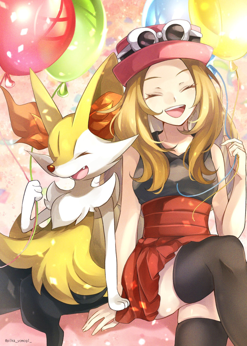 1girl 1other ^_^ animal_ear_fluff animal_ears animal_hands animal_nose artist_name balloon black_fur black_shirt black_thighhighs blonde_hair body_fur braixen breasts closed_eyes commentary crossed_legs eyewear_on_headwear fang forehead fox_ears fur_collar furry hand_on_another's_hand hand_up happy hat high-waist_skirt highres holding holding_balloon long_hair miniskirt multicolored_fur open_mouth pleated_skirt pokemon pokemon_(creature) pokemon_(game) pokemon_xy red_headwear red_skirt serena_(pokemon) shirt sidelocks sitting skindentation skirt sleeveless sleeveless_shirt small_breasts smile snout sunglasses teeth thighhighs thighs twitter_username watermark white-framed_eyewear white_fur yellow_fur yomogi_(black-elf) zettai_ryouiki