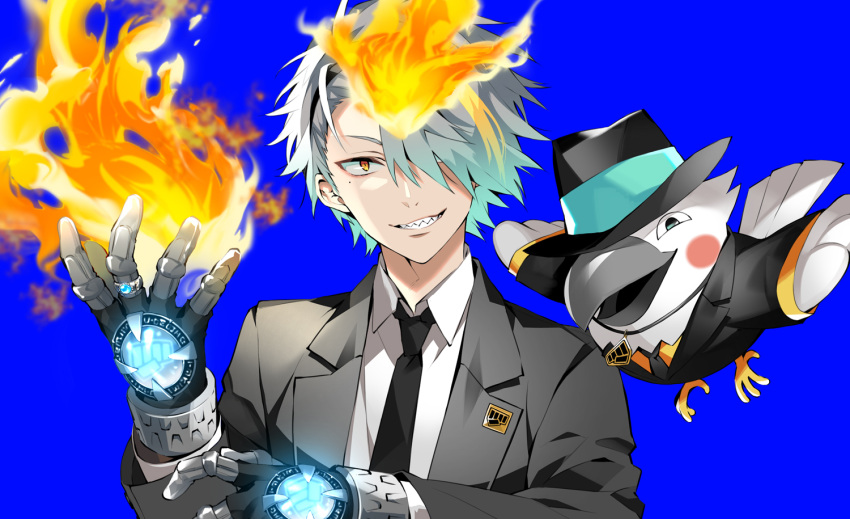 1boy akke_(akke299) animal aqua_hair bird black_hairband black_headwear black_jacket black_necktie blonde_hair blue_background blush_stickers clothed_animal collared_shirt cosplay fire gloves gradient_hair grey_hair grin hair_over_one_eye hairband indie_virtual_youtuber jacket jewelry katekyo_hitman_reborn! lapel_pin looking_at_viewer male_focus mole mole_under_eye multicolored_hair necktie orange_eyes pendant reborn reborn_(cosplay) ring sawada_tsunayoshi sawada_tsunayoshi_(cosplay) sharp_teeth shirt short_hair simple_background smile solo streaked_hair suit_jacket teeth toucan upper_body utai_meika virtual_youtuber white_shirt x_gloves_(reborn)