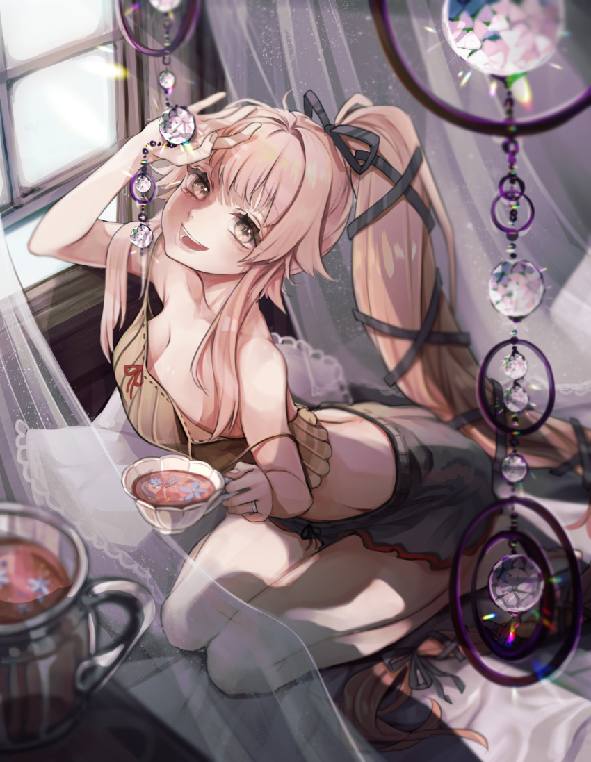 1girl barefoot blush breasts cleavage collarbone cup highres holding holding_cup jewelry kantai_collection long_hair looking_at_viewer medium_breasts open_mouth pink_hair ponytail ring ruohire9 smile solo very_long_hair wedding_ring window yellow_eyes yura_(kancolle) yura_kai_ni_(kancolle)