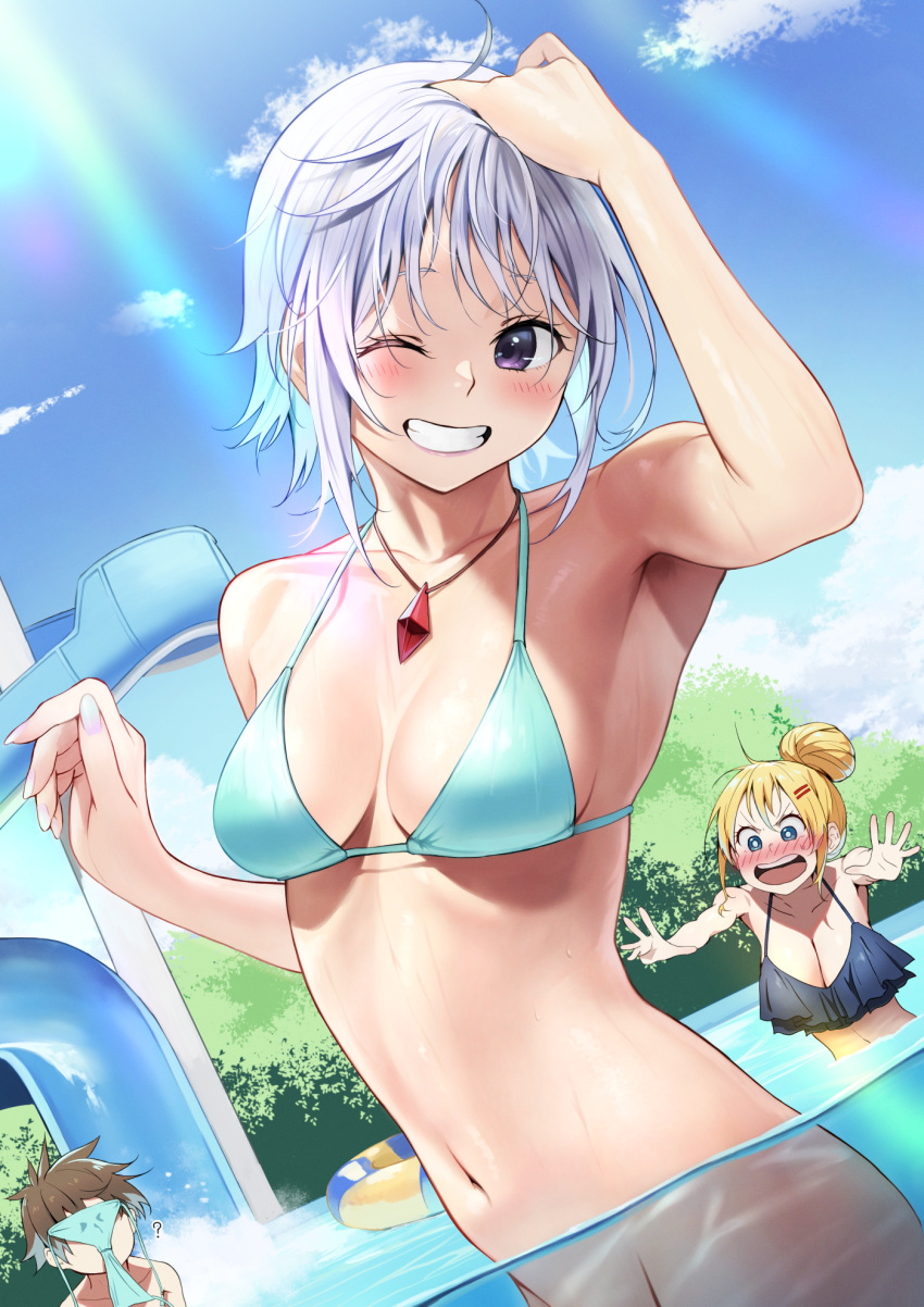 1boy 2girls ;d ? bangs bikini bikini_bottom_removed bikini_top_only black_bikini blonde_hair blush bottomless breasts brown_hair chris_(konosuba) collarbone commentary_request cowboy_shot darkness_(konosuba) dutch_angle groin hair_bun hair_ornament hairclip highres innertube izawa_(bhive003) kono_subarashii_sekai_ni_shukufuku_wo! large_breasts long_hair looking_at_viewer multiple_girls navel one_eye_closed open_mouth outstretched_arms pool satou_kazuma shiny shiny_hair short_hair single_hair_bun small_breasts smile solo_focus swimsuit tree unaware wardrobe_malfunction water white_bikini