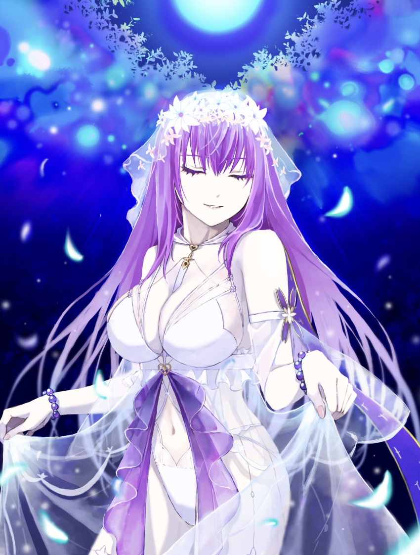 bead_bracelet beads bikini bracelet breasts brooch cleavage closed_eyes fate/grand_order fate_(series) flower forest hair_flower hair_ornament heart_brooch highres jewelry kino_kokko large_breasts moon nature night outdoors purple_hair scathach_skadi_(swimsuit_ruler)_(third_ascension)_(fate) skirt_hold smile swimsuit tree underwater veil white_bikini white_flower white_one-piece_swimsuit