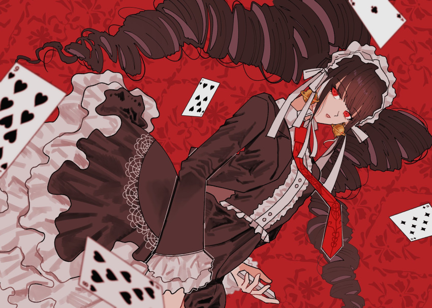 1girl :o alternate_color bangs bonnet brown_hair brown_jacket brown_skirt card celestia_ludenberg danganronpa:_trigger_happy_havoc danganronpa_(series) drill_hair earrings frills gothic_lolita highres holding jacket jewelry layered_skirt lolita_fashion long_hair long_sleeves looking_at_viewer necktie okonomiyakiyyy1 open_mouth playing_card print_necktie red_background red_eyes red_necktie shiny shiny_hair skirt solo twin_drills twintails