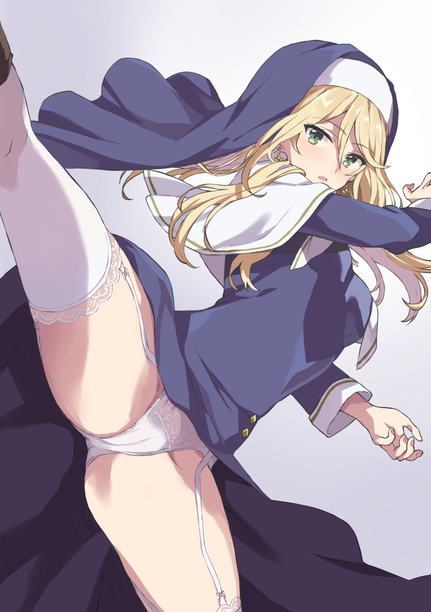 1girl blonde_hair commentary_request earrings engage_kiss garter_straps gradient gradient_background green_eyes grey_background hair_between_eyes highres jewelry kicking long_hair long_sleeves looking_at_viewer nun panties rasahan sharon_holygrail solo standing standing_on_one_leg thighhighs thighs underwear white_panties white_thighhighs