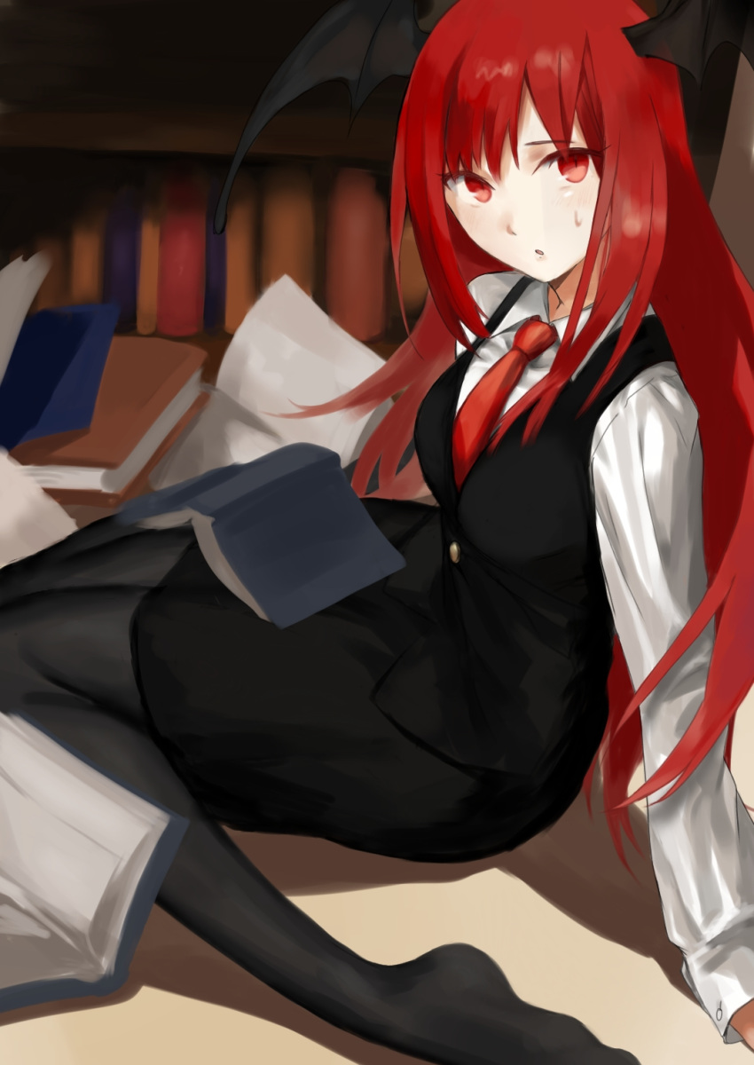 1girl accident bat_wings black_pantyhose book book_stack bookshelf from_above head_wings highres holding holding_book koakuma long_hair long_sleeves necktie open_book pantyhose rachael_(akmj8455) reading red_eyes red_hair shirt sitting skirt solo touhou vest wariza wings