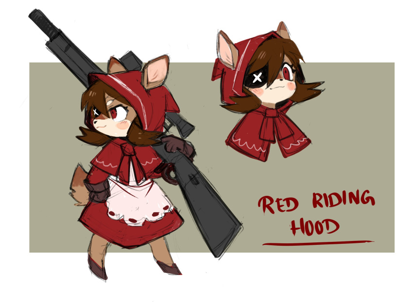 1girl animal_ears apple_(sui_(suizilla)) apron black_gloves border capelet closed_mouth commentary deer_ears deer_tail dress ears_through_headwear english_commentary eyepatch furry furry_female gloves gun hair_between_eyes hand_on_hip highres holding holding_gun holding_weapon hood hooded_capelet hooves little_red_riding_hood little_red_riding_hood_(grimm) looking_at_viewer multiple_views one_eye_covered original red_capelet red_dress red_eyes rifle sketch smile sniper_rifle sui_(suizilla) tail weapon white_apron white_border