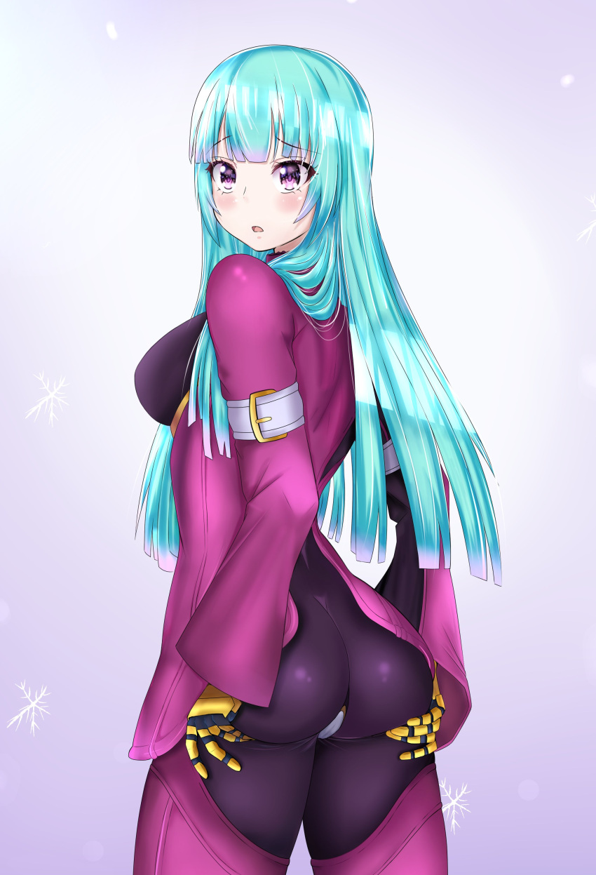 1girl absurdres ass ass_focus ass_grab bangs belt billy_art18 blue_hair bodysuit breasts cowboy_shot gloves highres kula_diamond long_hair looking_at_viewer medium_breasts purple_eyes simple_background the_king_of_fighters the_king_of_fighters_xv white_background