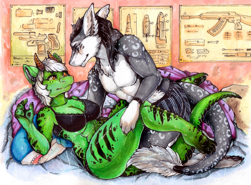 absurd_res bed big_breasts blue_formalin breasts clothing davian_tul diana_digma dragon duo facial_horn female fur furniture green_body green_scales hi_res horn male painting scales scalie sergal toy underwear weapon