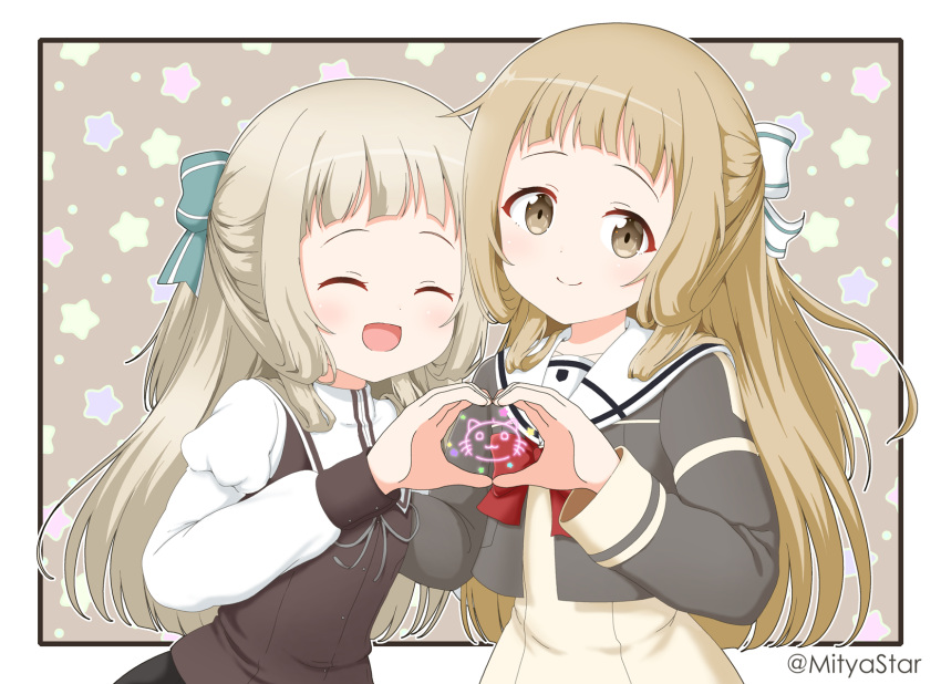 2girls :d ^_^ black_skirt blue_bow bow brown_background brown_dress brown_eyes brown_hair brown_vest character_request closed_eyes commentary_request dress facing_viewer grey_jacket hair_bow heart heart_hands heart_hands_duo highres jacket juliet_sleeves long_hair long_sleeves looking_at_viewer mitya multiple_girls nogi_sonoko open_clothes open_jacket puffy_sleeves red_bow sailor_collar sailor_dress shirt skirt smile starry_background striped striped_background twitter_username very_long_hair vest white_bow white_sailor_collar white_shirt yuuki_yuuna_wa_yuusha_de_aru yuusha_de_aru