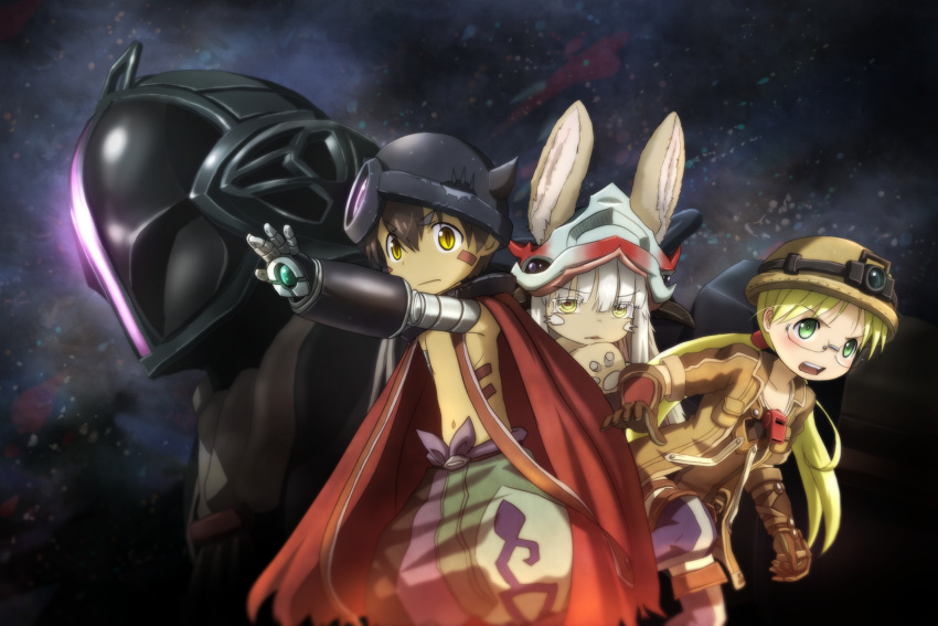 1girl 1other 2boys androgynous blonde_hair bondrewd brown_fur brown_gloves brown_hair brown_headwear brown_jacket cape coat covered_face dark_skin ears_through_headwear fake_horns furry genya_(genya67) gloves green_eyes headlamp helm helmet highres horizontal_pupils horned_helmet horns jacket made_in_abyss mechanical_arms multiple_boys nanachi_(made_in_abyss) navel open_clothes open_jacket open_mouth outstretched_arm overcoat ponytail red_cape regu_(made_in_abyss) riko_(made_in_abyss) short_sleeves twintails whistle whistle_around_neck white_hair yellow_eyes