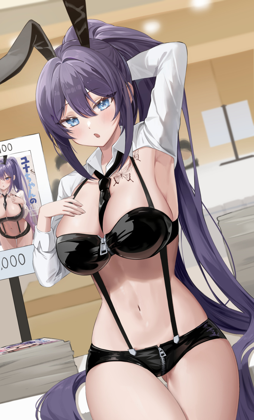1girl absurdres animal_ears arm_behind_head arm_up armpits ass_visible_through_thighs bandeau between_breasts black_shorts blue_eyes borrowed_character breasts butterfly_tattoo chest_tattoo cleavage comiket comiket_100 cowboy_shot fake_animal_ears hand_on_own_chest hand_up highres kaho_oco large_breasts latex long_hair long_sleeves looking_at_viewer micro_shorts midriff navel necktie open_mouth original ponytail purple_hair rabbit_ears revealing_clothes short_necktie shorts shrug_(clothing) sidelocks skindentation solo standing stomach strapless suspenders tattoo thigh_gap thighs tube_top very_long_hair wing_collar yuna_(biya_(1024)) zipper zipper_pull_tab