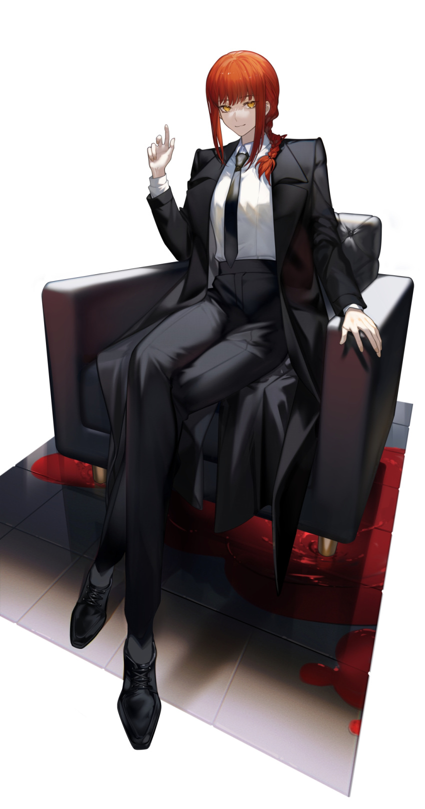 1girl arlizi armchair black_footwear black_necktie black_pants black_suit braid braided_ponytail breasts chainsaw_man chair closed_mouth collared_shirt formal hand_up highres index_finger_raised light_smile long_hair long_sleeves looking_at_viewer makima_(chainsaw_man) medium_breasts necktie pants red_hair ringed_eyes shirt sidelocks simple_background single_braid sitting solo suit white_background white_shirt yellow_eyes