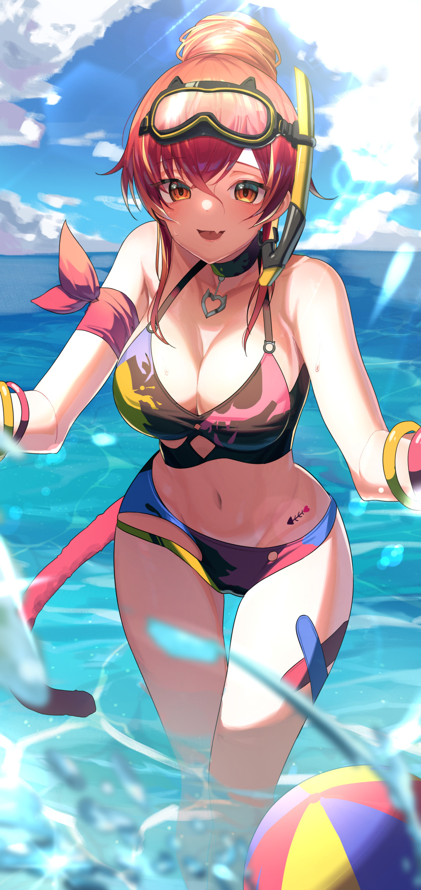 1girl :d absurdres bikini blonde_hair blue_sky bracelet breasts choker cleavage diving_mask diving_mask_on_head fang goggles goggles_on_head hair_bun highres jewelry kakao346 large_breasts looking_at_viewer navel nekota_tsuna red_hair sky smile snorkel solo swimsuit tattoo thigh_strap virtual_youtuber vspo!