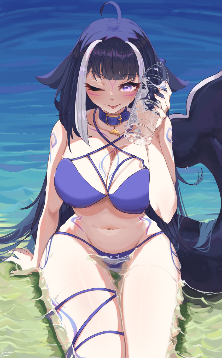 1girl absurdres ahoge animal_ears arm_tattoo beach belt_collar bikini black_hair blue_bikini blue_collar blush bottle bottle_to_cheek breasts bust_cup cetacean_tail chest_tattoo cleavage collar commentary english_commentary facial_tattoo halterneck heart heart-shaped_pupils highres in_water indie_virtual_youtuber leg_tattoo long_hair looking_at_viewer multicolored_hair one_eye_closed orca_girl purple_eyes sand shylily sitting streaked_hair swimsuit symbol-shaped_pupils tattoo thigh_strap tongue tongue_out virtual_youtuber water water_bottle white_hair yamaiupls