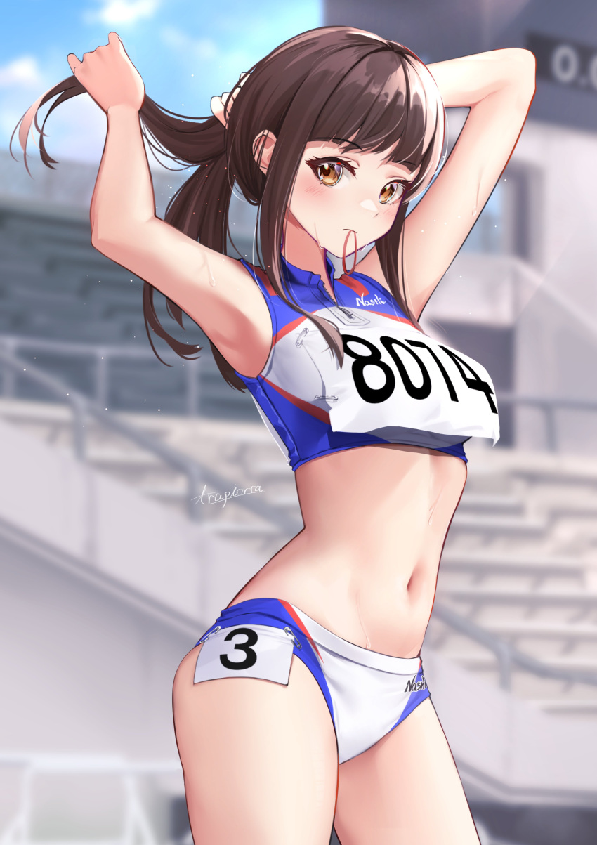 1girl absurdres adjusting_hair bangs bare_shoulders breasts brown_hair crop_top hamanashi_(trapiorra) highres looking_at_viewer navel original running_track thighs track_and_field track_uniform yellow_eyes