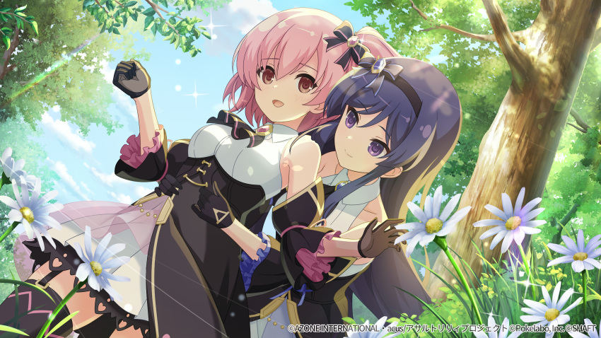 2girls adjusting_another's_clothes artist_request ascot assault_lily bangs bare_shoulders behind_another black_ascot black_bow black_dress black_gloves black_hairband black_thighhighs blue_gemstone blue_sky bow bow_hairband breasts brown_gloves closed_mouth cloud collarbone collared_dress corset cowboy_shot day detached_sleeves dress dutch_angle flower frilled_sleeves frills garter_straps gem glint gloves grass hair_between_eyes hair_bow hairband hands_up heart highres hitotsuyanagi_riri itou_shizu_(assault_lily) leaning_forward lens_flare light_blush light_particles long_hair looking_at_another looking_at_viewer medium_breasts multiple_girls official_alternate_costume official_art one_side_up outdoors parted_lips pink_eyes pink_gemstone pink_hair pleated_dress purple_eyes purple_hair raised_eyebrows see-through shiny shiny_hair short_hair sidelocks sky smile sparkle standing sunlight thighhighs tree two-tone_dress two-tone_gloves underbust very_long_hair w_arms watermark webp-to-png_conversion white_dress white_flower zettai_ryouiki