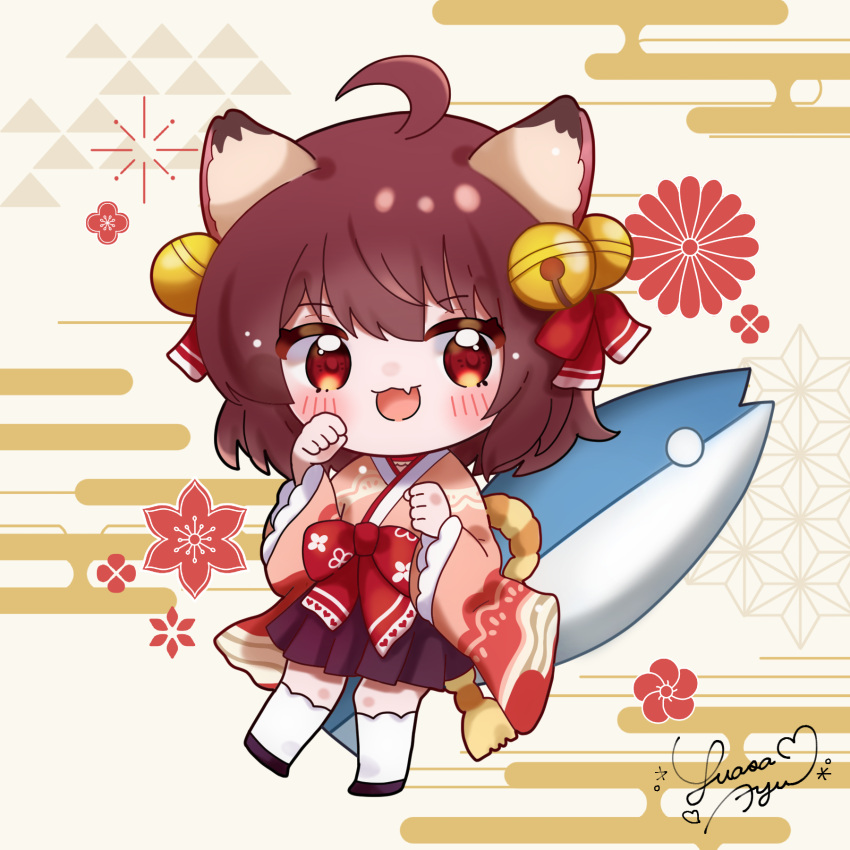 1girl :3 animal_ears asa_no_ha_(pattern) bell brown_eyes brown_hair brown_kimono cat_ears cat_girl egasumi hair_bell hair_ornament highres ichihime japanese_clothes jingle_bell kikumon kimono looking_at_viewer mahjong_soul paw_pose sakuramon short_hair signature skin_tight solo standing thighhighs uroko_(pattern) white_thighhighs yuasaayu