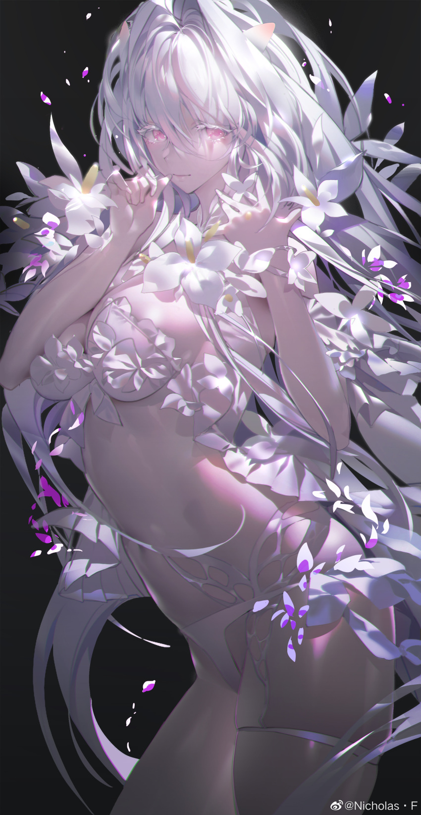 1girl absurdres ahoge bangs bare_shoulders bikini black_background breasts cleavage closed_mouth collarbone falling_petals fate/grand_order fate/grand_order_arcade fate/prototype fate_(series) feet_out_of_frame flower frilled_bikini frilled_swimsuit frills highres light_smile long_hair looking_at_viewer medium_breasts merlin_(fate/prototype) merlin_(fate/prototype)_(swimsuit_pretender) merlin_(fate/prototype)_(swimsuit_pretender)_(second_ascension) navel nicholas_f official_alternate_costume parasol petals pink_eyes pink_flower purple_flower simple_background smile solo swimsuit thighs umbrella very_long_hair weibo_logo weibo_username white_bikini white_flower white_hair