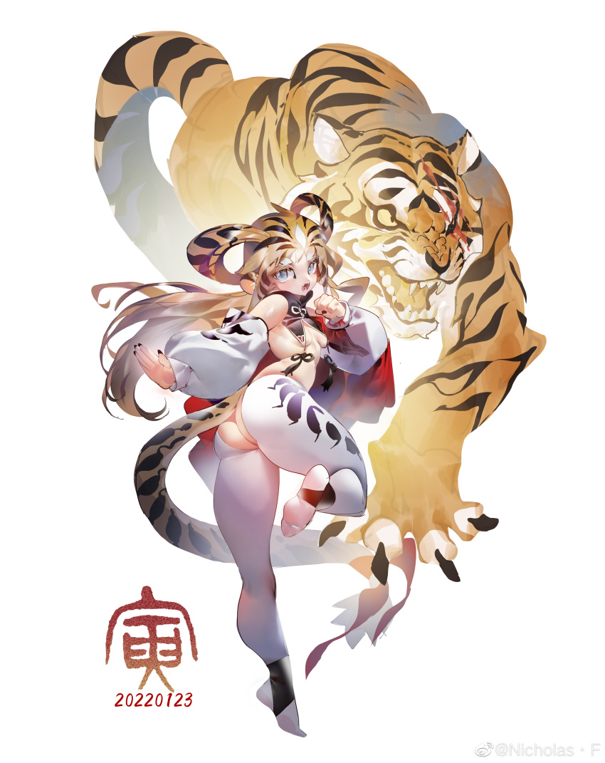 1girl 2022 absurdres animal_print ass ass_cutout blue_eyes breast_curtains breasts chinese_zodiac clenched_hand clothing_cutout dated detached_sleeves floating_hair full_body highres long_hair nicholas_f open_hand open_mouth orange_hair original pants sideboob small_breasts solo tiger tiger_print weibo_logo weibo_username white_background white_pants year_of_the_tiger
