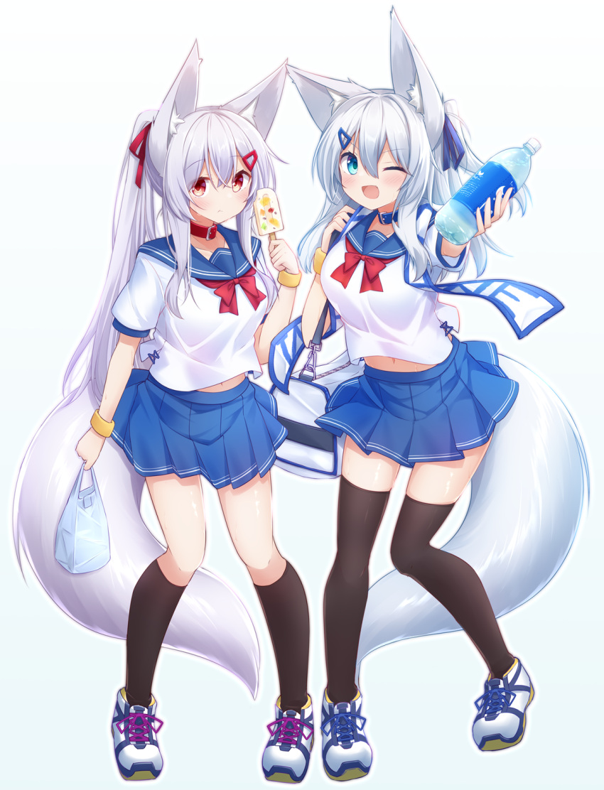 ;d animal_ear_fluff animal_ears bag bangs black_socks black_thighhighs blue_background blue_collar blue_eyes blue_ribbon blue_sailor_collar blue_skirt bottle bow breasts closed_mouth collar commentary_request food fox_ears fox_girl fox_tail grey_hair hair_between_eyes hair_ornament hair_ribbon hairclip highres holding holding_bag holding_bottle holding_food ice_cream kneehighs long_hair looking_at_viewer medium_breasts navel one_eye_closed original plastic_bag pleated_skirt ponytail puffy_short_sleeves puffy_sleeves red_bow red_collar red_eyes red_ribbon ribbon sailor_collar shirogane_kasane shirt shoes short_sleeves simple_background skirt smile socks surume_aburi tail thighhighs very_long_hair water_bottle white_footwear white_shirt