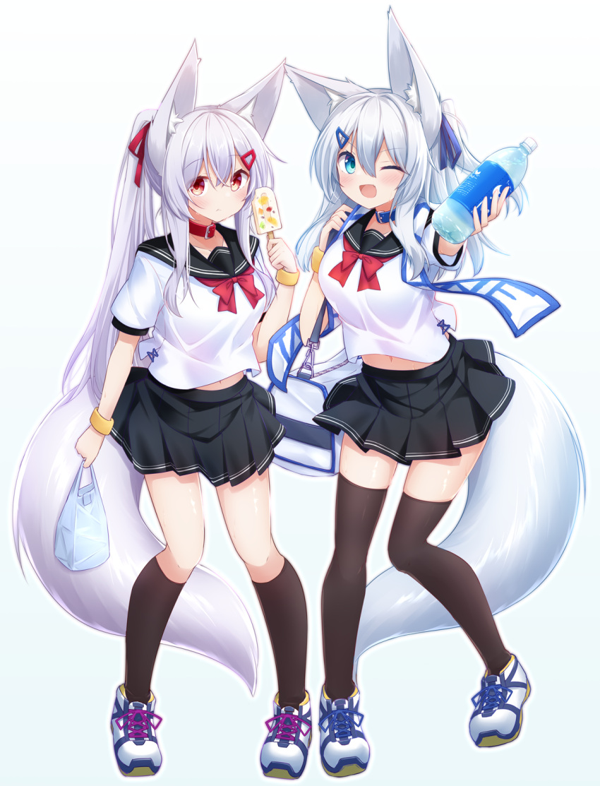 ;d animal_ear_fluff animal_ears bag bangs black_sailor_collar black_skirt black_socks black_thighhighs blue_background blue_collar blue_eyes blue_ribbon bottle bow breasts closed_mouth collar food fox_ears fox_girl fox_tail grey_hair hair_between_eyes hair_ornament hair_ribbon hairclip highres holding holding_bag holding_bottle holding_food ice_cream kneehighs long_hair looking_at_viewer medium_breasts navel one_eye_closed original plastic_bag pleated_skirt ponytail puffy_short_sleeves puffy_sleeves red_bow red_collar red_eyes red_ribbon ribbon sailor_collar shirogane_kasane shirt shoes short_sleeves simple_background skirt smile socks surume_aburi tail thighhighs very_long_hair water_bottle white_footwear white_shirt