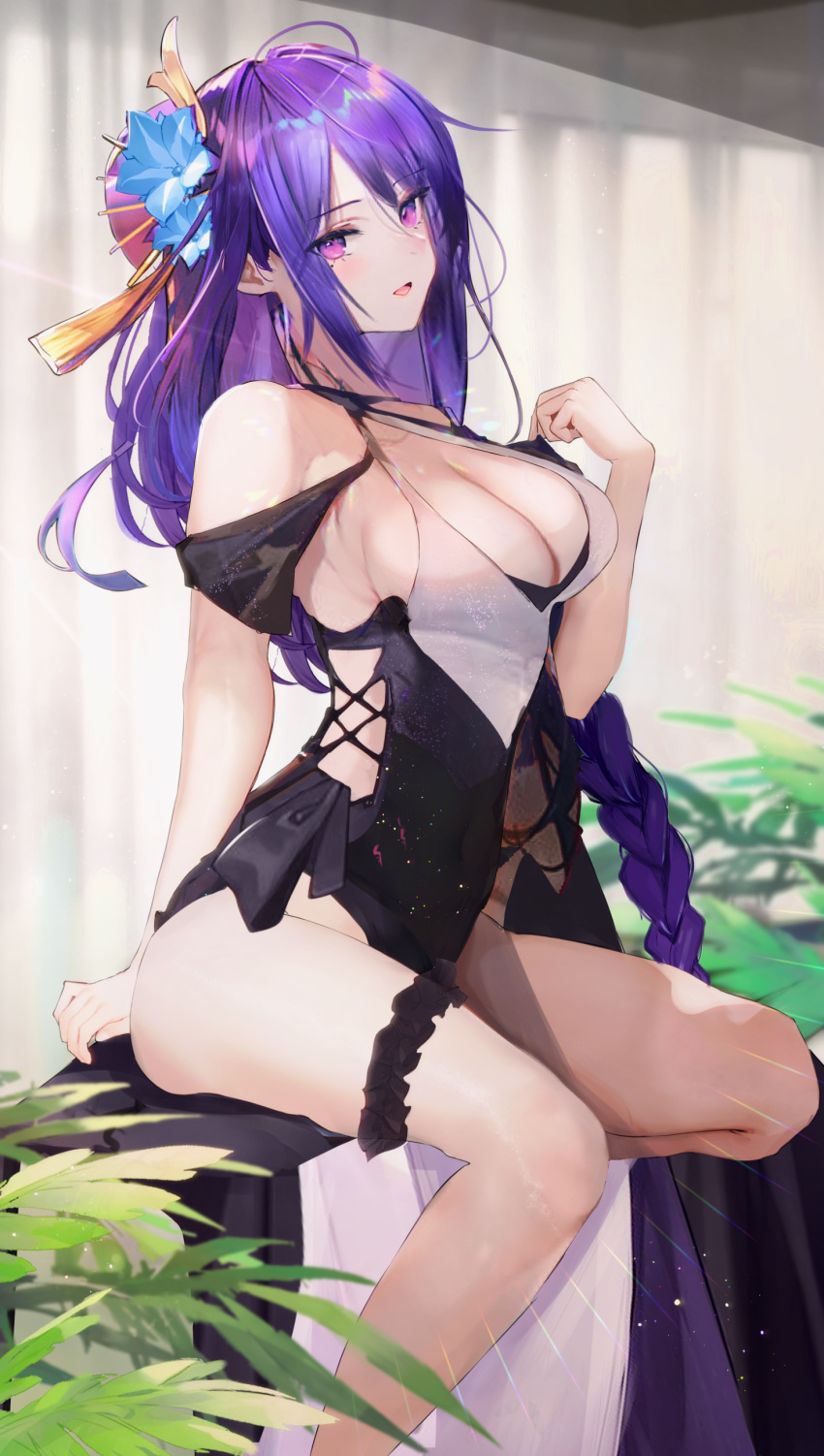 1girl absurdres alternate_costume bangs bare_shoulders braid breasts cleavage clothes_pull covered_navel from_side genshin_impact highres indoors large_breasts leotard long_hair looking_at_viewer open_mouth panipo purple_eyes purple_hair raiden_shogun sitting sleeveless smile solo swept_bangs thigh_strap very_long_hair