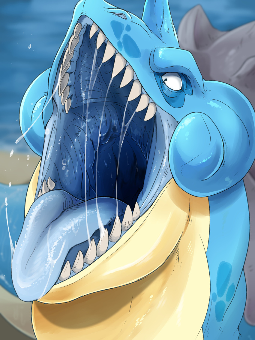 3:4 absurd_res ambiguous_gender blue_body blue_horn blue_tongue bodily_fluids dripping front_view generation_1_pokemon glistening glistening_tongue hi_res horn imperatorcaesar lapras mouth_shot nintendo open_mouth pokemon pokemon_(species) red_body saliva saliva_drip saliva_on_tongue saliva_string sharp_teeth solo teeth tongue tongue_out video_games water