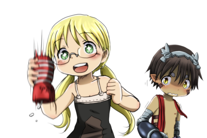 +_+ 1boy 1girl :d blonde_hair brown_hair cum dark_skin genya_(genya67) glasses green_eyes hairband highres looking_at_object made_in_abyss pointy_ears regu_(made_in_abyss) riko_(made_in_abyss) shaking simple_background smile tenga topless_male twintails white_background yellow_eyes