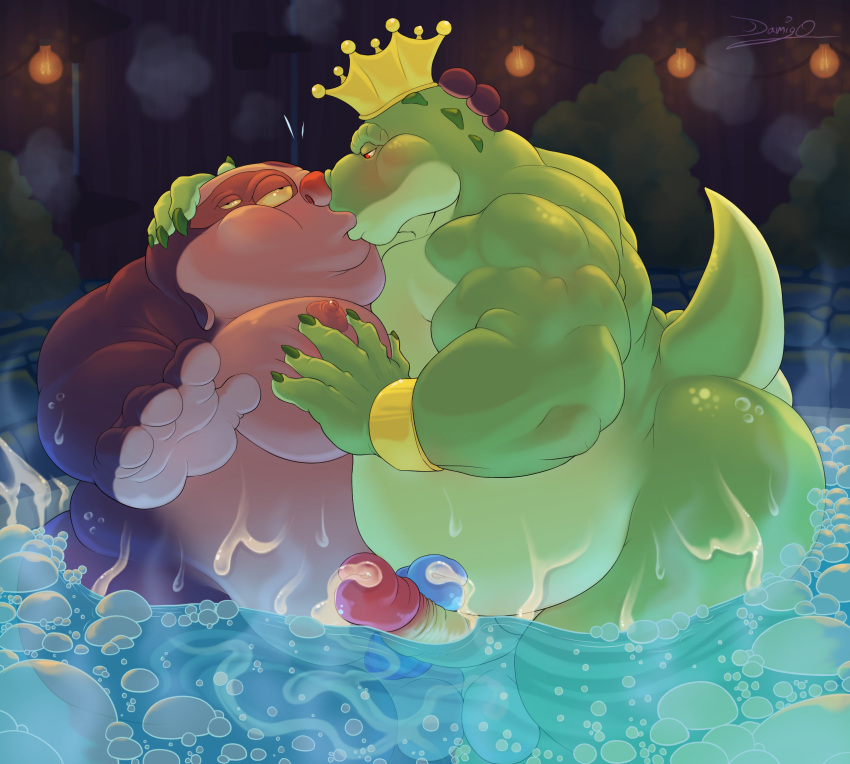 anthro bodily_fluids bracelet crocodile crocodilian crocodylid crown cum cum_in_water cum_on_body damingo disney duo frottage genital_fluids hi_res hot_tub jewelry jumba_jookiba king_tangu kissing lilo_and_stitch male male/male moob_grab penic reptile scalie sex