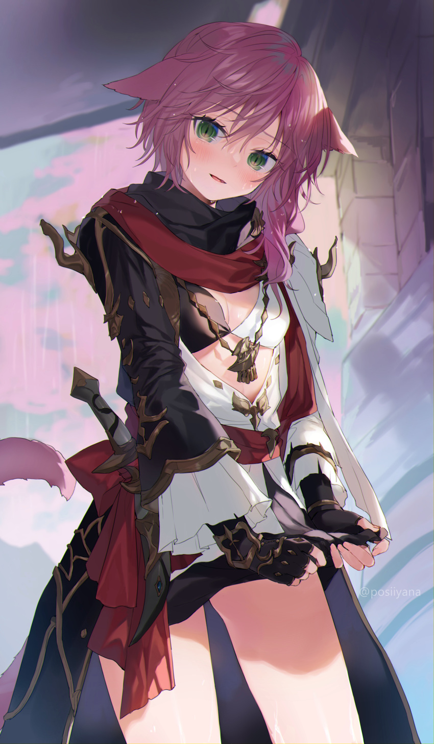 1girl absurdres animal_ears avatar_(ff14) bangs bikini bikini_top_only cat_ears cat_tail final_fantasy final_fantasy_xiv fingerless_gloves gloves green_eyes highres long_hair looking_at_viewer miqo'te pink_hair rain skirt slit_pupils solo swimsuit tail wet wet_clothes wringing_clothes wringing_skirt yana_mori