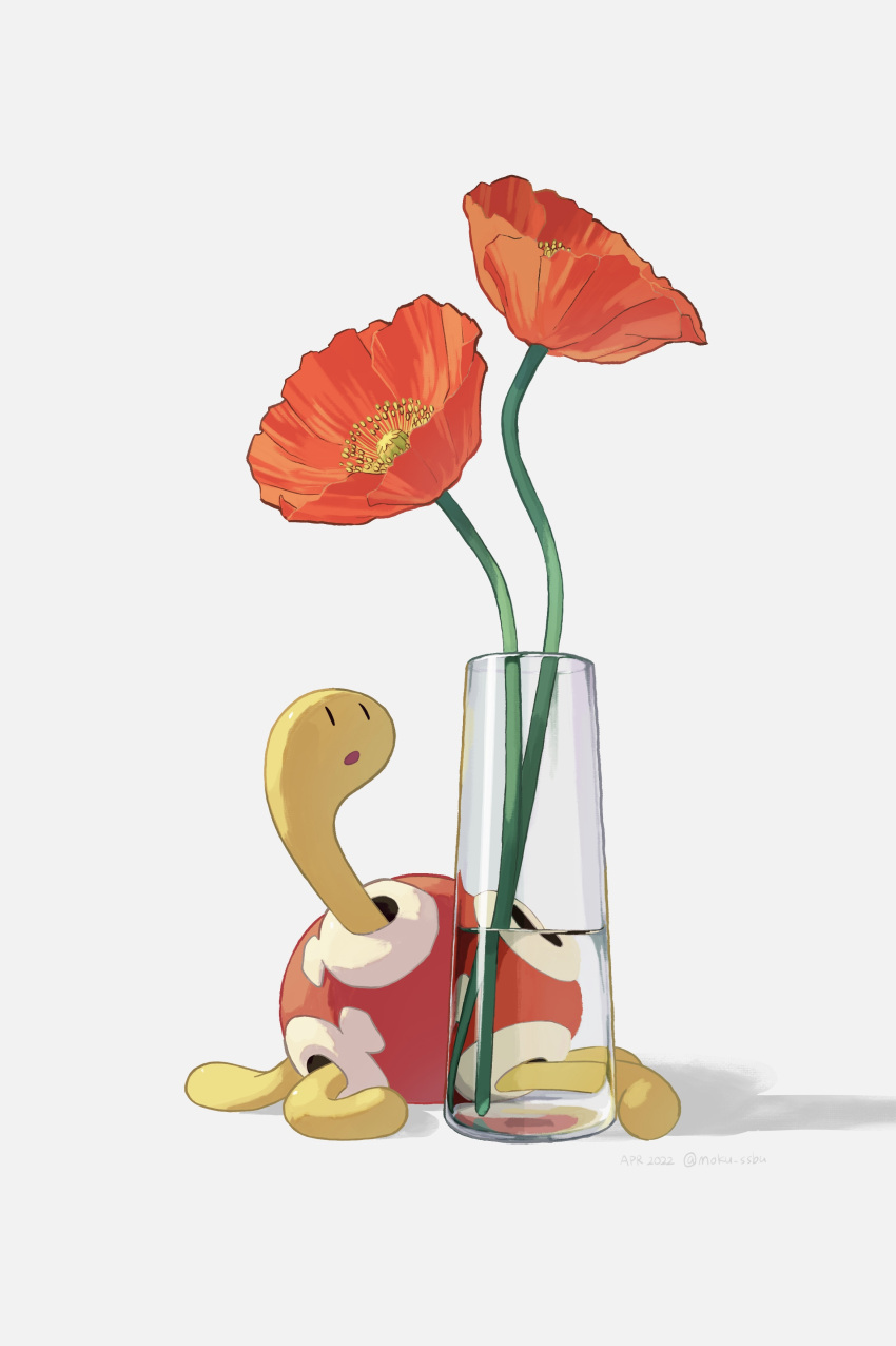 absurdres black_eyes commentary dated flower glass highres looking_up mokuzou_(moku_ssbu) no_humans orange_flower pokemon pokemon_(creature) shuckle solid_oval_eyes solo twitter_username water white_background