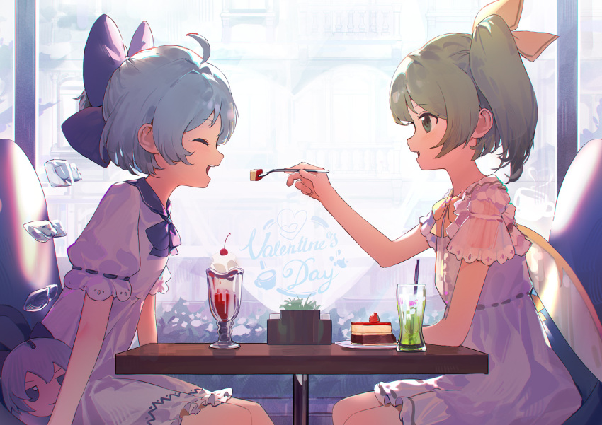 2girls blue_bow blue_hair bow cake cake_slice cirno closed_eyes daiyousei detached_wings dress drink fairy fairy_wings food fork fumo_(doll) green_eyes green_hair hair_bow highres holding holding_fork ice ice_wings long_hair multiple_girls open_mouth short_hair short_sleeves side_ponytail sitting siyumu smile touhou white_dress wings