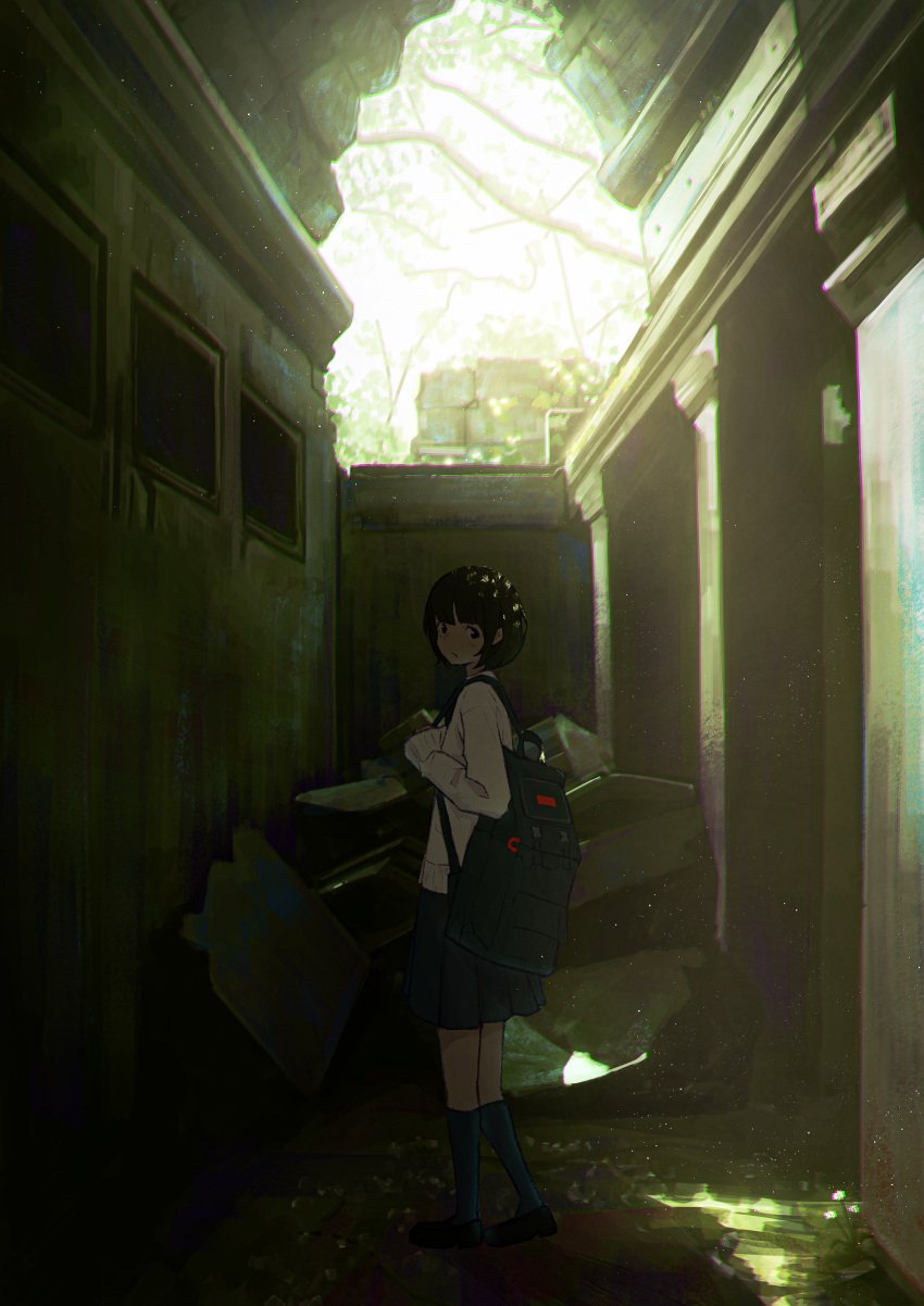 1girl absurdres backpack bag bangs black_eyes black_footwear black_hair black_skirt black_socks building chromatic_aberration commentary_request highres light_particles loafers long_sleeves looking_back oka_kojiro10 original ruins scenery school_uniform serafuku shoes short_hair skirt socks solo standing