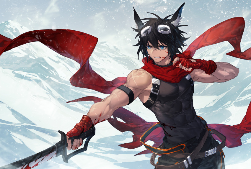 1boy absurdres animal_ears arknights arsh_(thestarwish) bare_shoulders blood blue_eyes bodysuit commentary_request courier_(arknights) fingerless_gloves gloves highres holding holding_sword holding_weapon outstretched_arm scarf short_hair snow snowing solo sword toned toned_male weapon