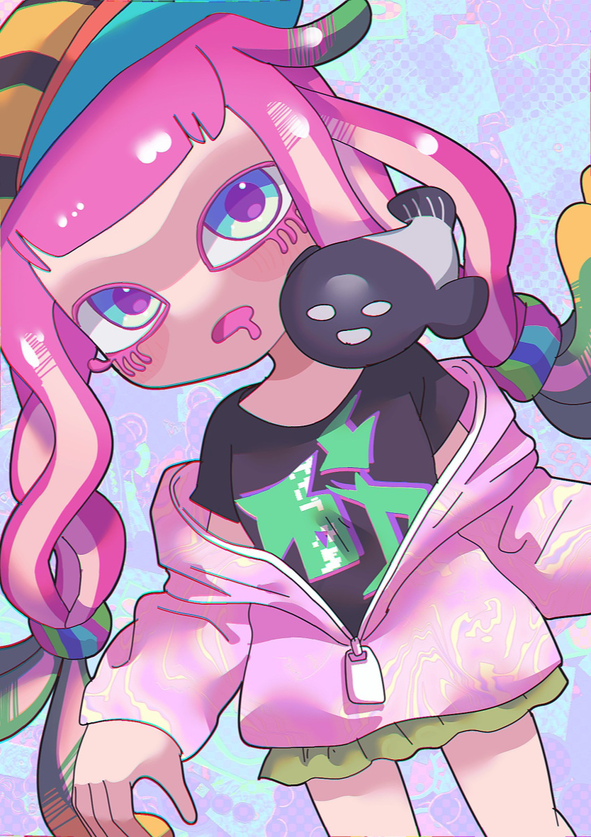 1girl baseball_cap black_shirt blonde_hair blue_eyes chromatic_aberration clownfish colored_eyelashes cowboy_shot drooling eyelashes fish green_hair green_skirt harmony's_clownfish_(splatoon) harmony_(splatoon) hat highres legs_apart long_hair long_sleeves miniskirt multicolored_background multicolored_clothes multicolored_hair multicolored_headwear no_eyebrows no_nose open_mouth panu pink_hair pleated_skirt purple_pupils shirt short_sleeves sideways_hat skirt splatoon_(series) splatoon_3 striped striped_headwear tentacle_hair zipper_pull_tab