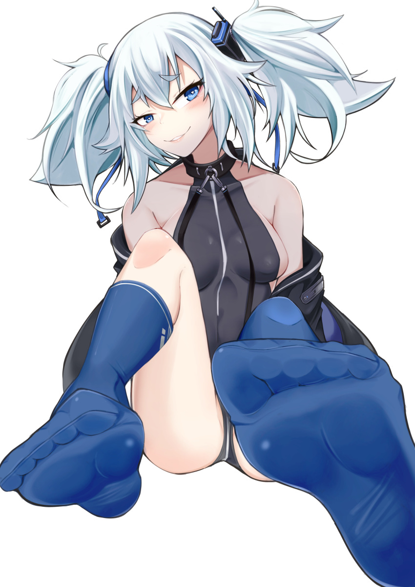 1girl absurdres bare_shoulders blue_hair blue_thighhighs bodysuit breasts choker covered_nipples feet foot_focus girls'_frontline heart heart-shaped_pupils highres jacket kuzumotsu light_blue_hair o-ring o-ring_choker off_shoulder pa-15_(girls'_frontline) sideboob sitting symbol-shaped_pupils thighhighs twintails white_background