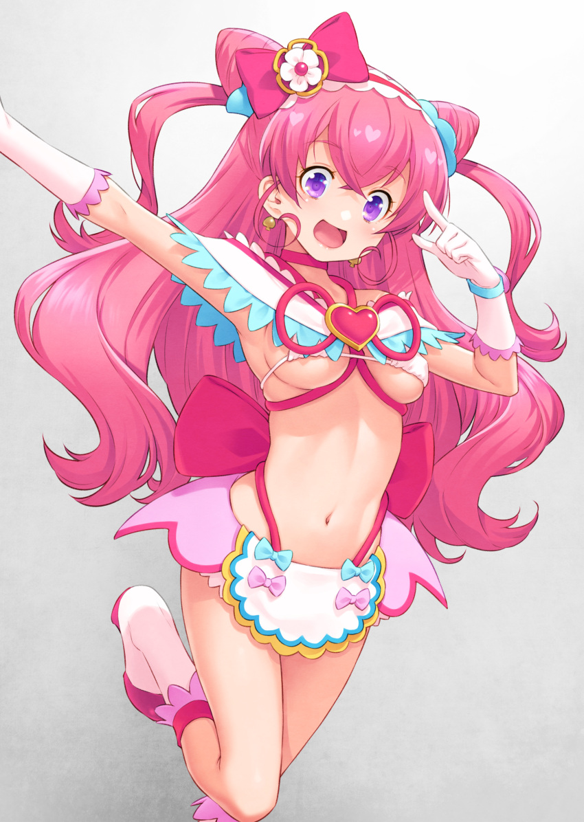 1girl :d absurdres adapted_costume armpits boots bow breasts brooch cure_precious delicious_party_precure earrings gloves gradient gradient_background grey_background hair_bow heart_brooch highres jewelry kazuma_muramasa long_hair looking_at_viewer magical_girl medium_breasts nagomi_yui navel pink_bow pink_hair precure purple_eyes smile solo standing standing_on_one_leg thighs underboob white_footwear white_gloves