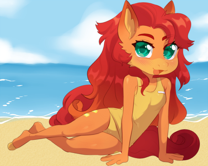 anthro beach bikini blush claralaine clothing equid equine female green_eyes hair horse long_hair looking_at_viewer mammal open_mouth open_smile outside pony red_hair seaside smile smiling_at_viewer solo swimwear water young