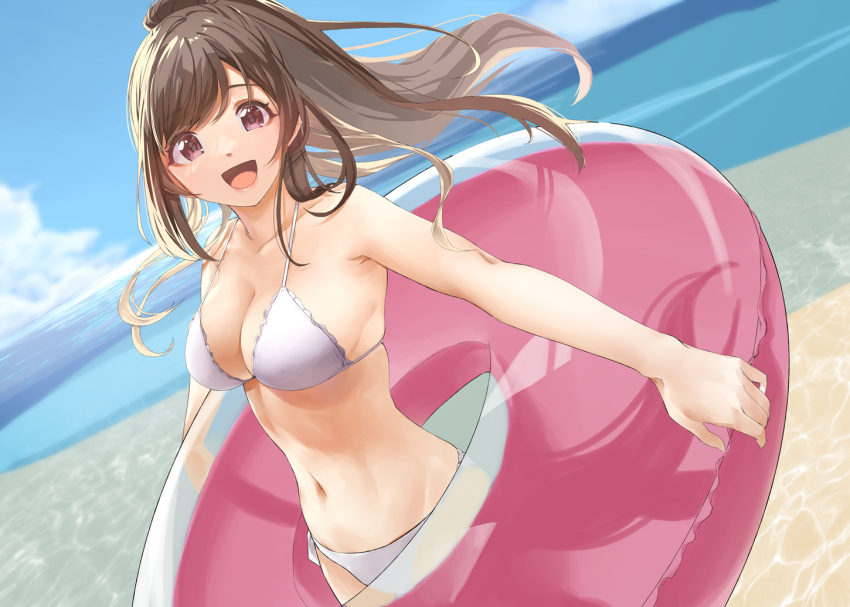 1girl beach bikini blue_sky breasts brown_eyes brown_hair cleavage cloud cowboy_shot day dutch_angle horizon idolmaster idolmaster_shiny_colors innertube long_hair medium_breasts ocean outdoors pekoni_(peconi) ponytail sky smile solo swimsuit tsukioka_kogane white_bikini