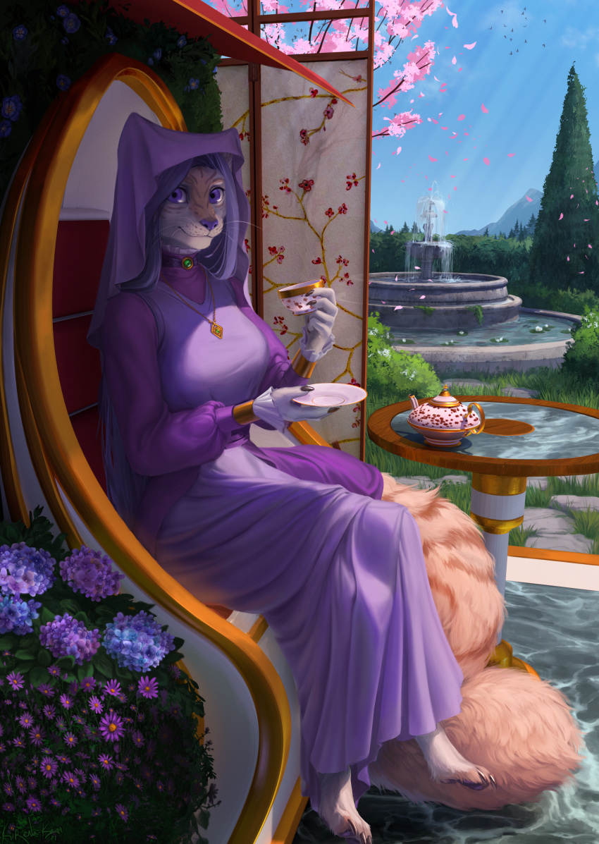 absurd_res anthro clothing domestic_cat dress enide_von_isveld_(nerobeasts) felid feline felis female flower furniture garden gold_(metal) gold_jewelry hair hi_res jewelry kirena-kaya lavender_eyes lavender_hair long_hair mammal plant solo table teapot