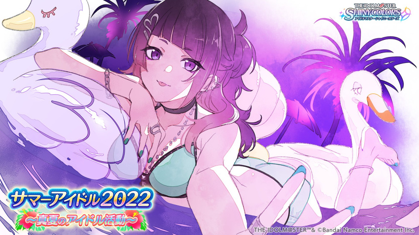 1girl bangs bikini bracelet chain commentary_request diagonal_bangs dutch_angle ear_piercing earrings green_nails hair_ornament hairclip highres idolmaster idolmaster_shiny_colors jewelry looking_at_viewer necklace official_art piercing pool purple_eyes purple_hair ring solo swimsuit tanaka_mamimi tongue v water watercolor_effect