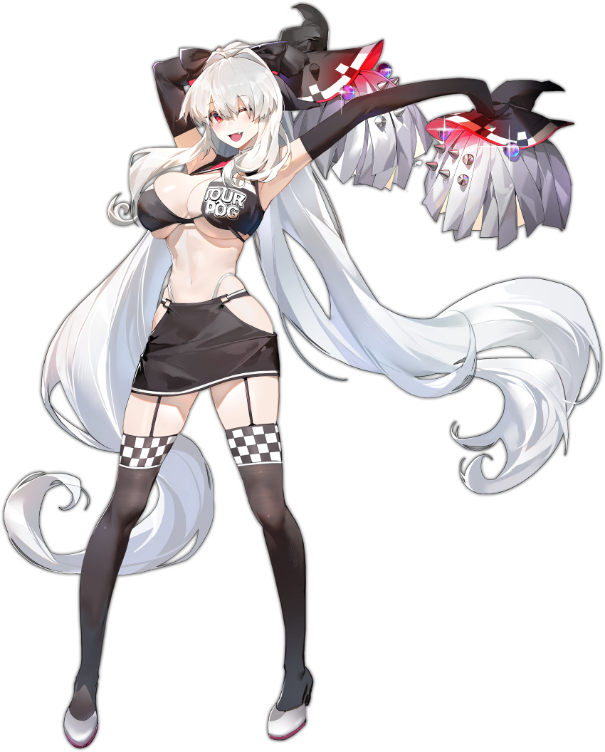 1girl ;d absurdres albino alchemy_stars armpits arms_up bangs bijian_de_linghun black_gloves black_headwear black_skirt black_thighhighs breasts checkered_thighhighs cheerleader cleavage clothes_writing connolly_(alchemy_stars) connolly_(race_queen)_(alchemy_stars) crop_top elbow_gloves fang full_body garter_straps gloves hat highres holding holding_pom_poms large_breasts long_hair miniskirt navel one_eye_closed open_mouth outstretched_arm pom_pom_(cheerleading) red_eyes simple_background skindentation skirt smile solo standing stomach thighhighs very_long_hair white_background white_hair witch_hat
